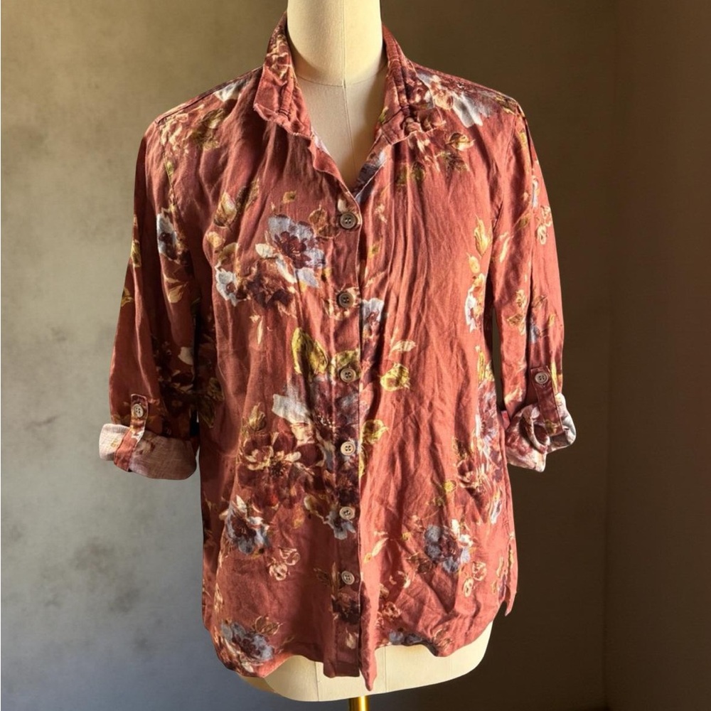 100% Linen Floral Button-Up Shirt - Rust
